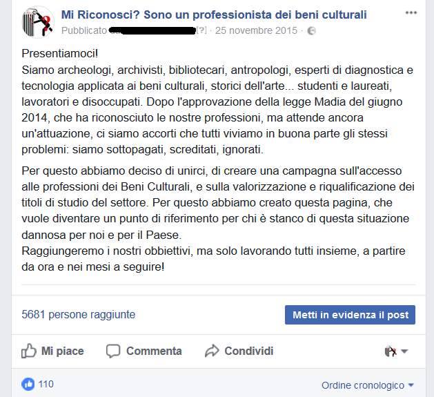 Il primo post pubblicato su Facebook da Mi Riconosci, il 25 novembre 2015